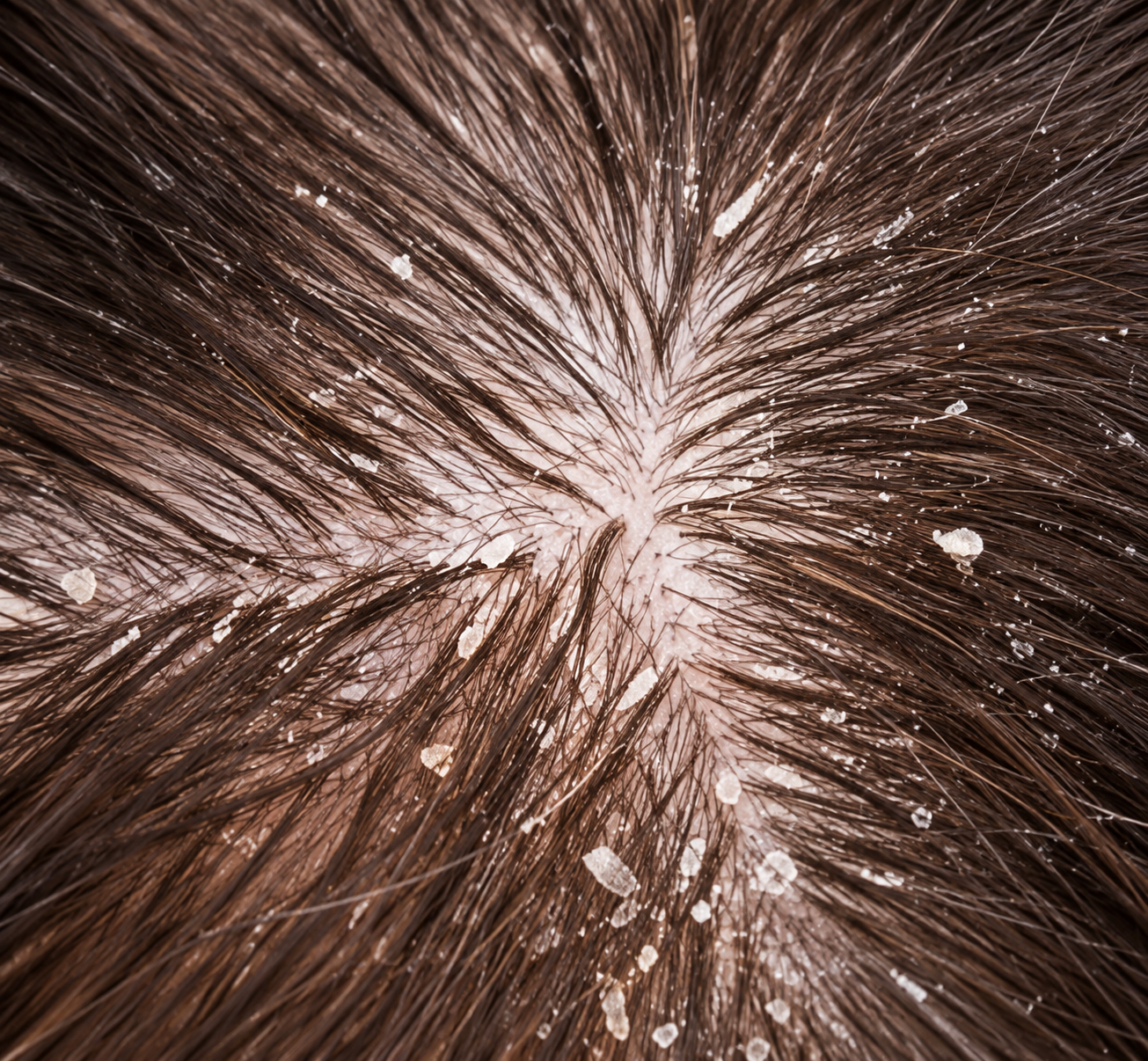 Close-up view of a scalp with dandruff flakes